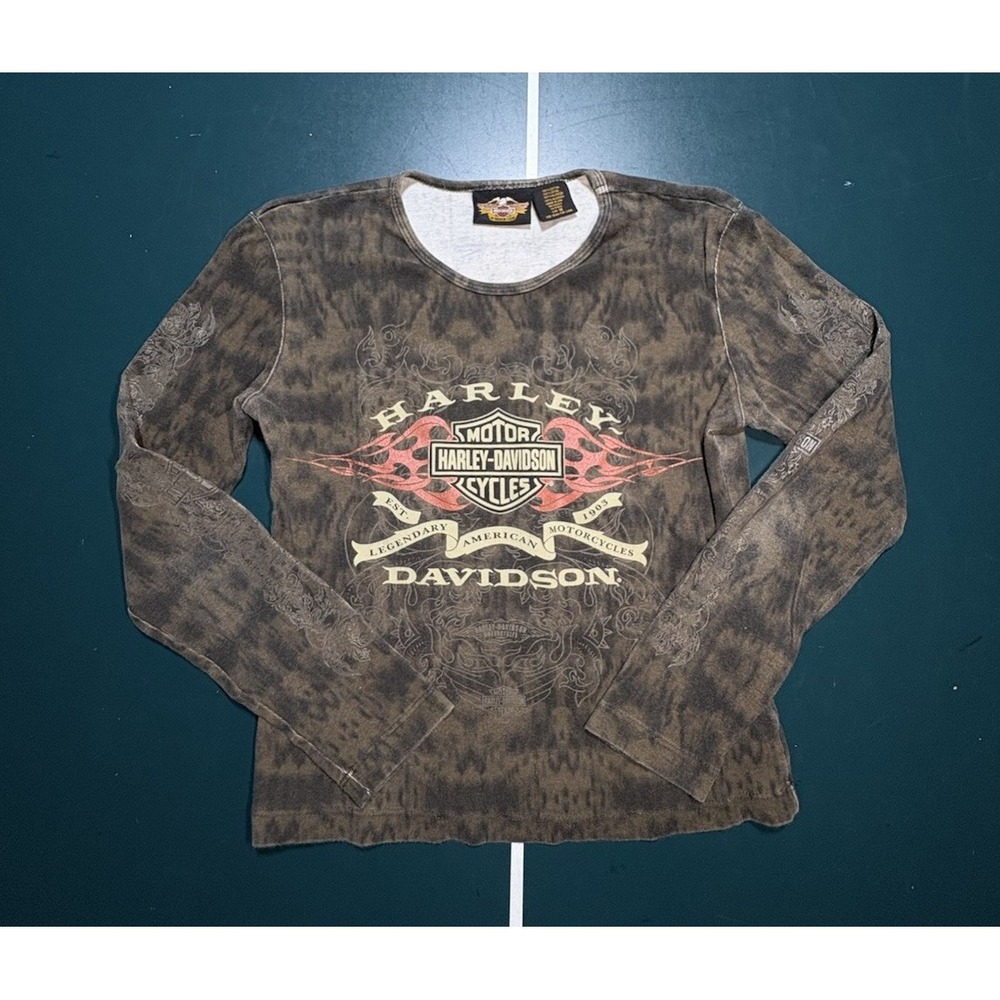 Vtg Harley Davidson Long Sleeve Shirt Womens Medium Grunge Acid Wash Tie Dye Y2K